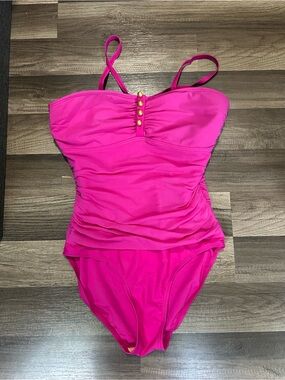 Bright Pink One-Piece Swimsuit with Gold Button Accents